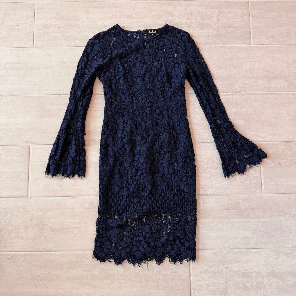 Lulu's Elegance Navy Blue Lace Long Sleeve Midi Dress Illusion Neckline Small